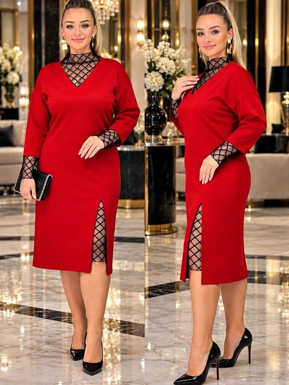 Red Geometric Midi Dress New